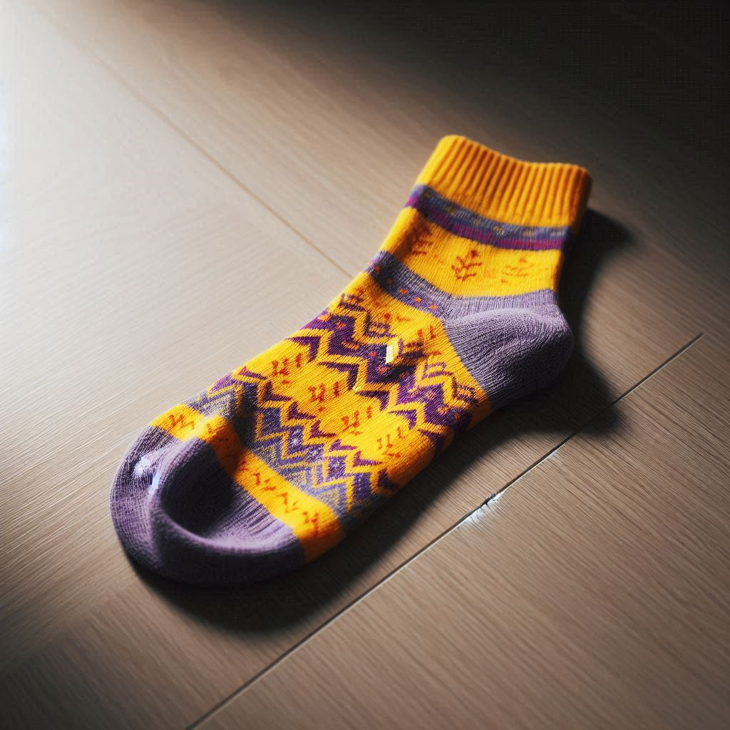 A purple and yellow custom sock is on the floor. 