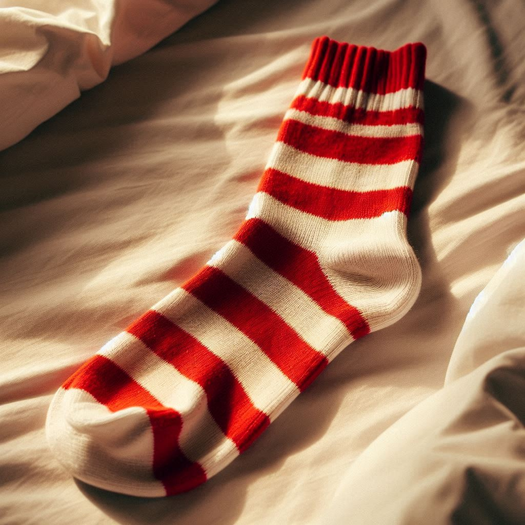 A red and white custom sock in a striped design is on a bed.