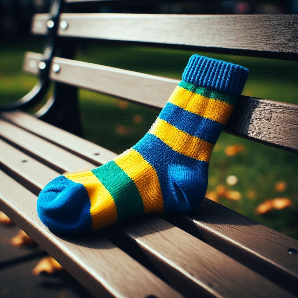 A blue and yellow custom sock in a striped pattern is on a park bench.