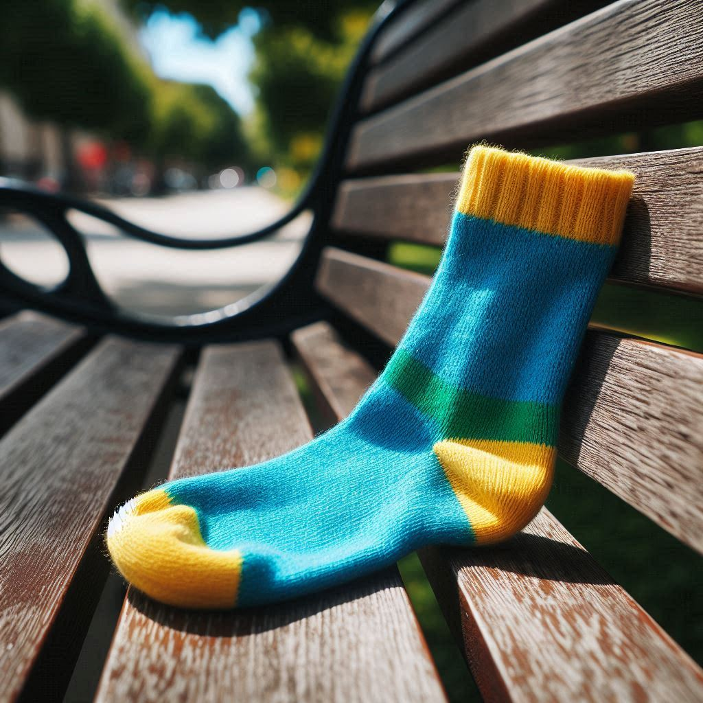 A yellow and blue custom sock is on a park bench.