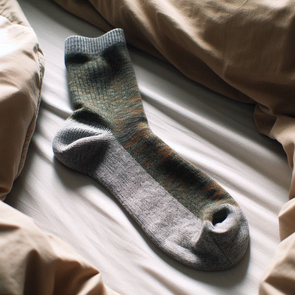 A gray and olive custom sock is on a bed.