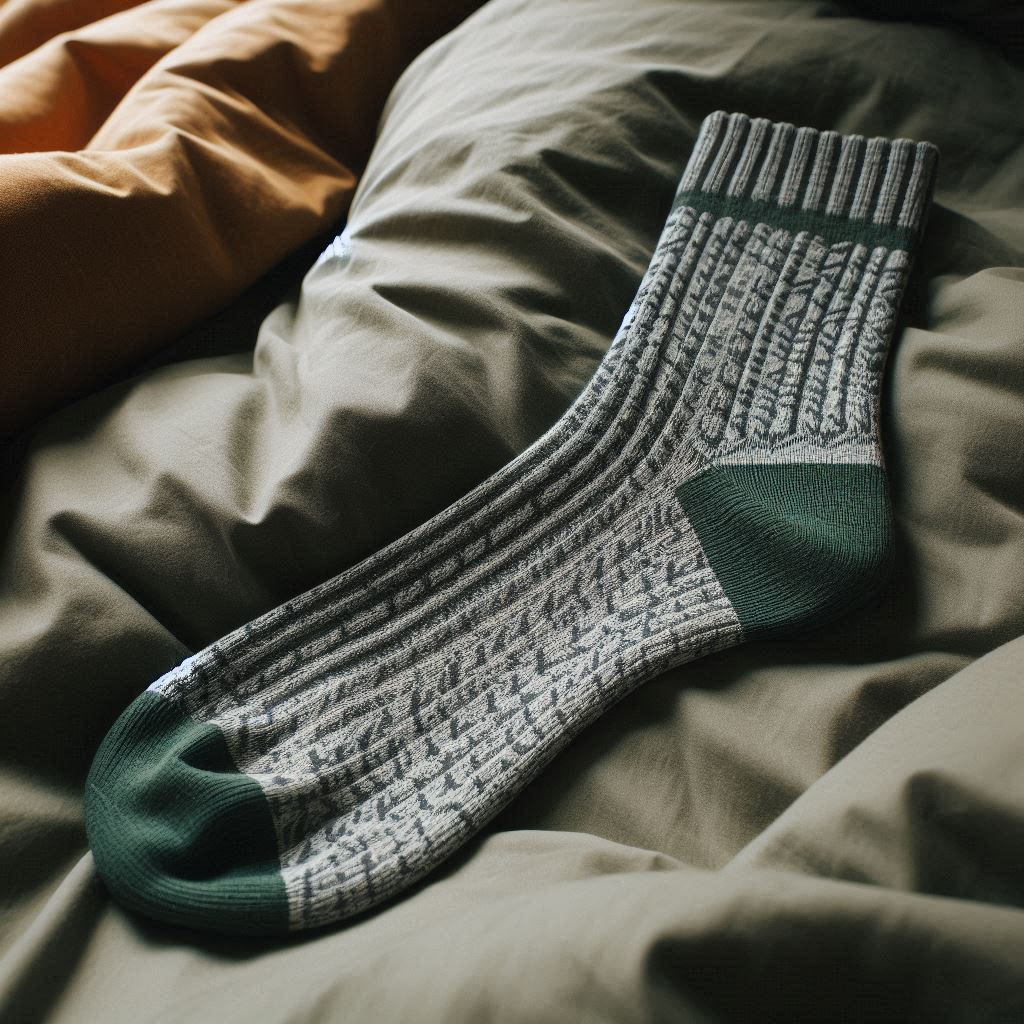 An olive and gray custom sock is on a bed.