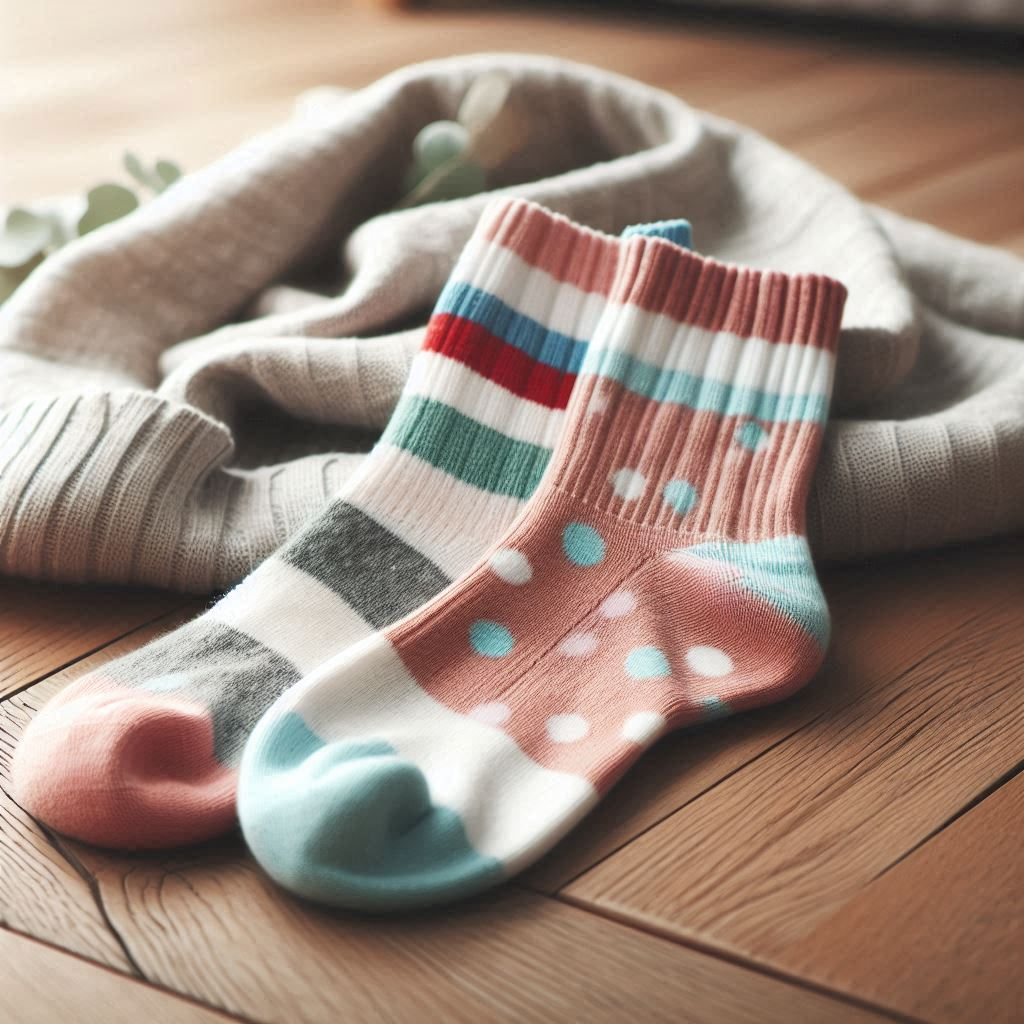 Two custom socks. One is striped, and the other is a mix of striped and polka-dotted.