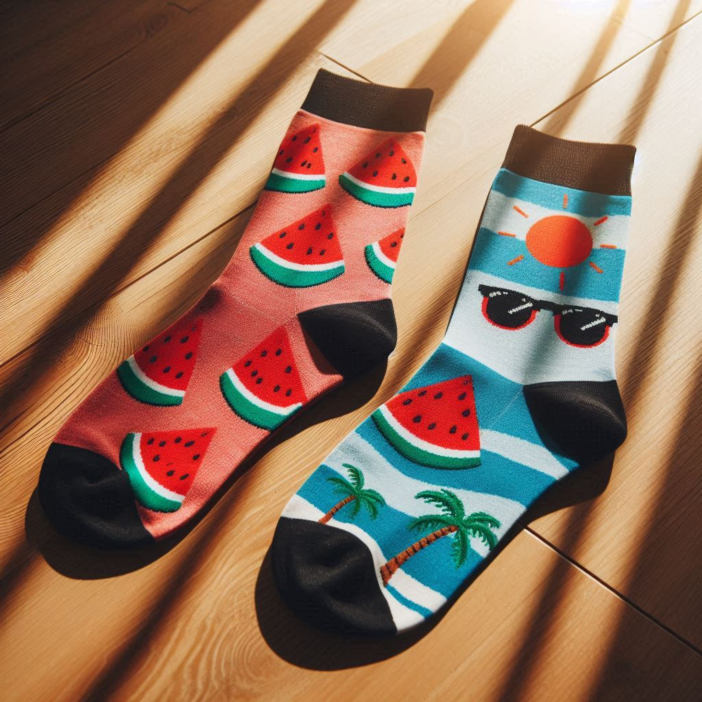 Two summer-themed custom socks are on the floor. One has watermelon images, and the other has coconut, sun, and sunglasses.