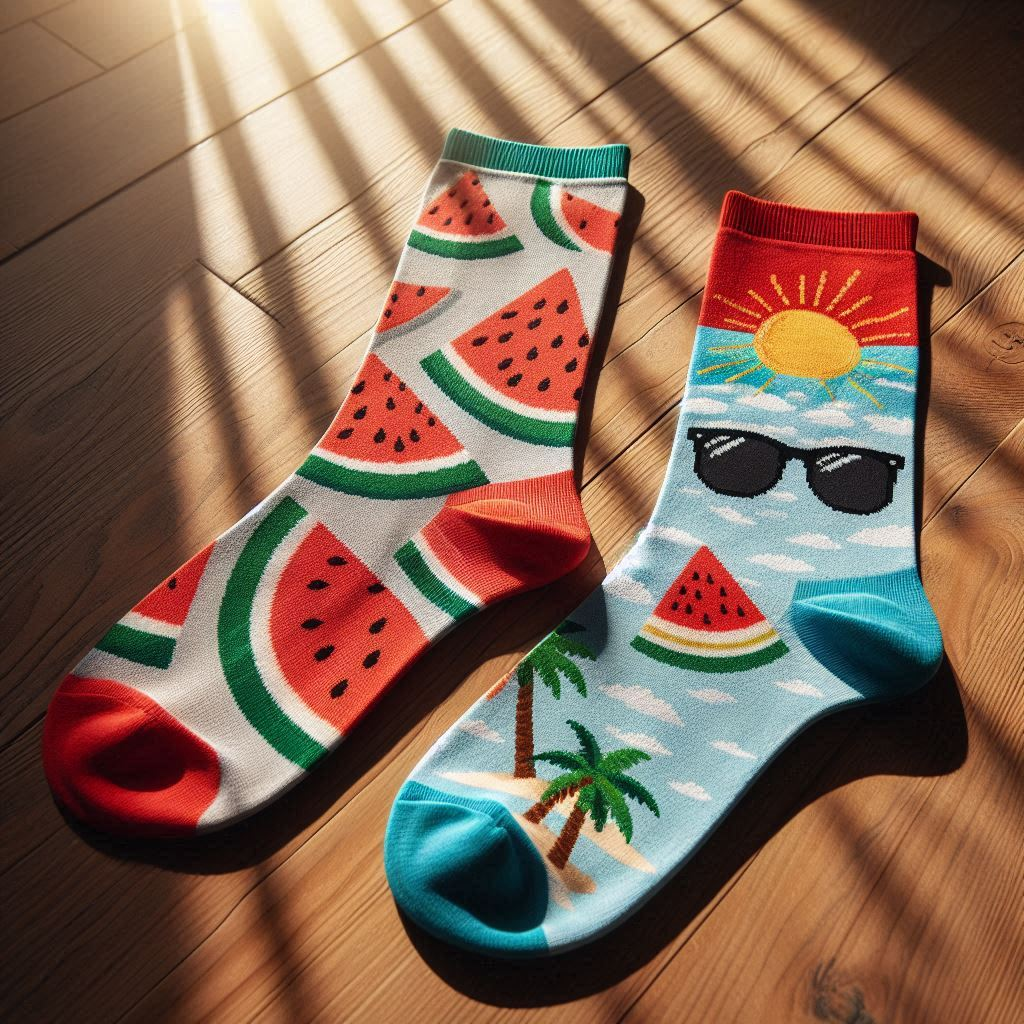 Two summer-themed custom socks are on the floor.