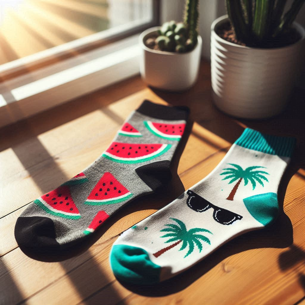 Two summer-themed custom socks are near a window.