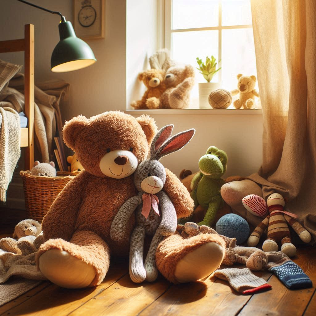 Different custom plush toys and stuffed animals in a room. They are in various sizes and colors.