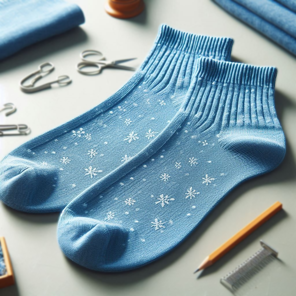 A pair of blue custom socks on a table. EverLighten has manufactured them.