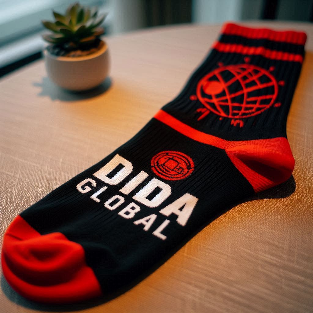 A black and red custom sock with the company's name in white. It is customized by EverLighten.