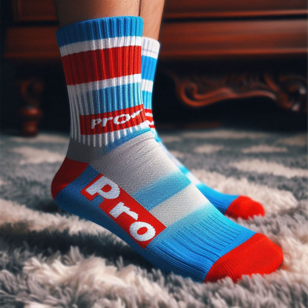 A blue, red, and gray custom sock with the company's name. It is manufactured by EverLighten.