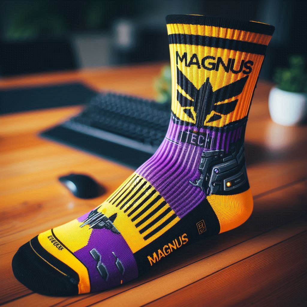 A yellow, black, and purple sock with the company's name. EverLighten has customized it.