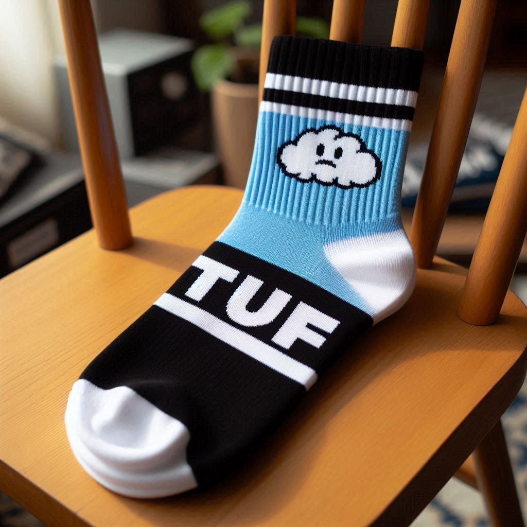 A blue, black, and white custom sock with the company's name. EverLighten has manufactured it.