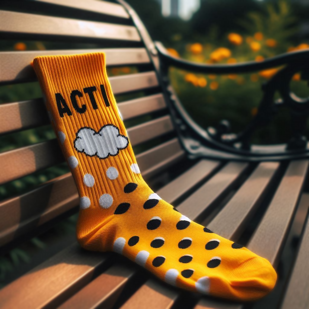 A yellow polka-dotted custom sock on a park bench. EverLighten has customized the sock.