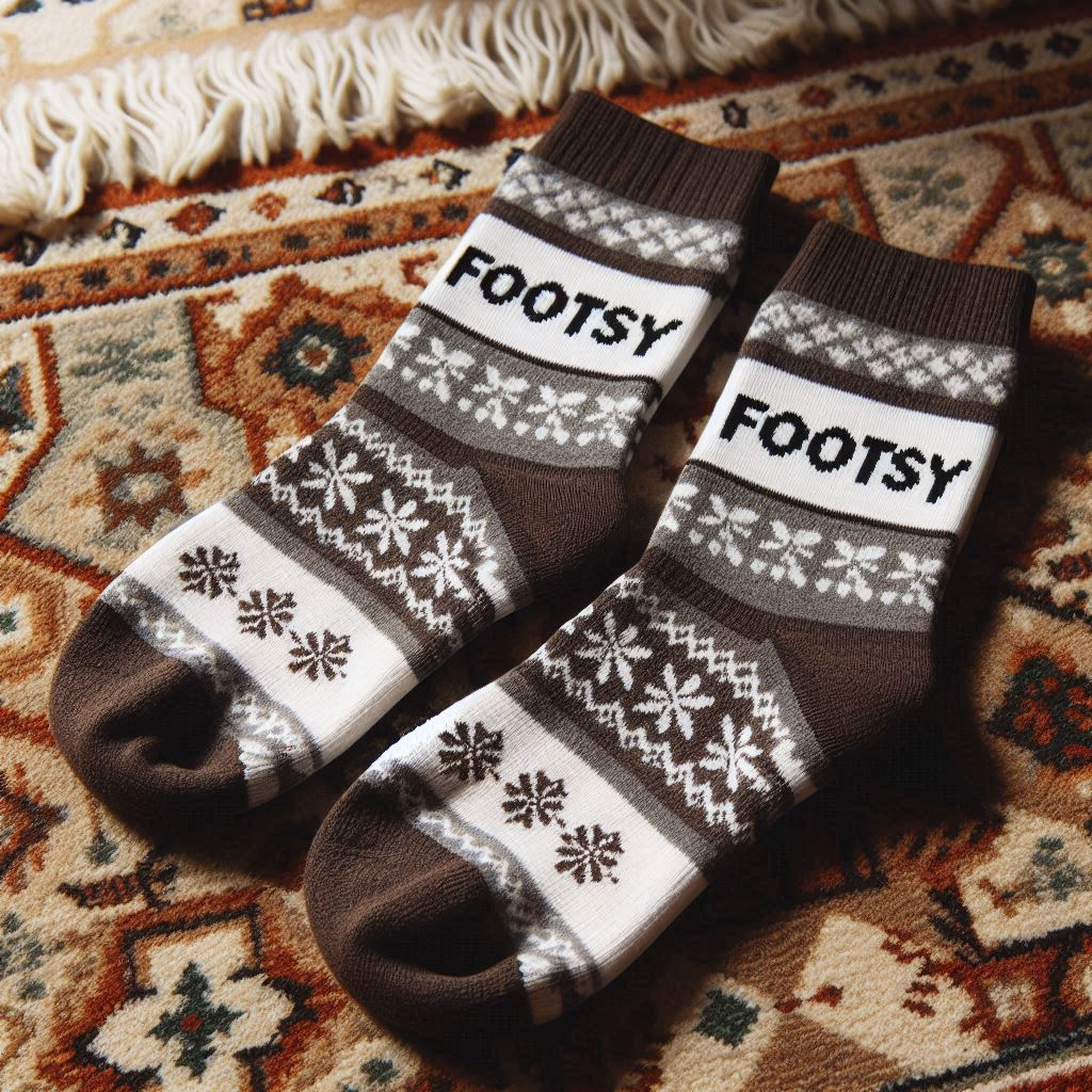 A pair of brown and white woolen custom socks on a carpet. It is manufactured by EverLighten.