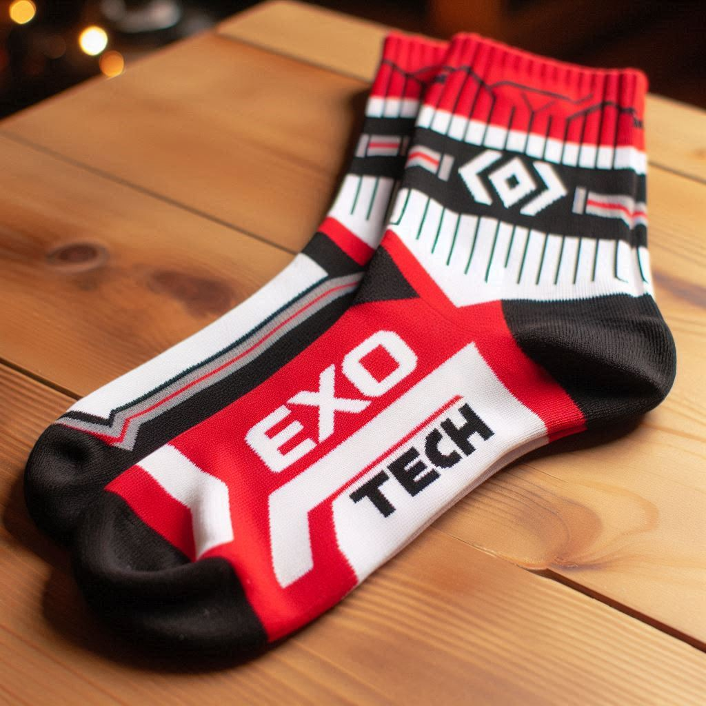 A pair of red, white, and black custom socks on a table. EverLighten has customized it.