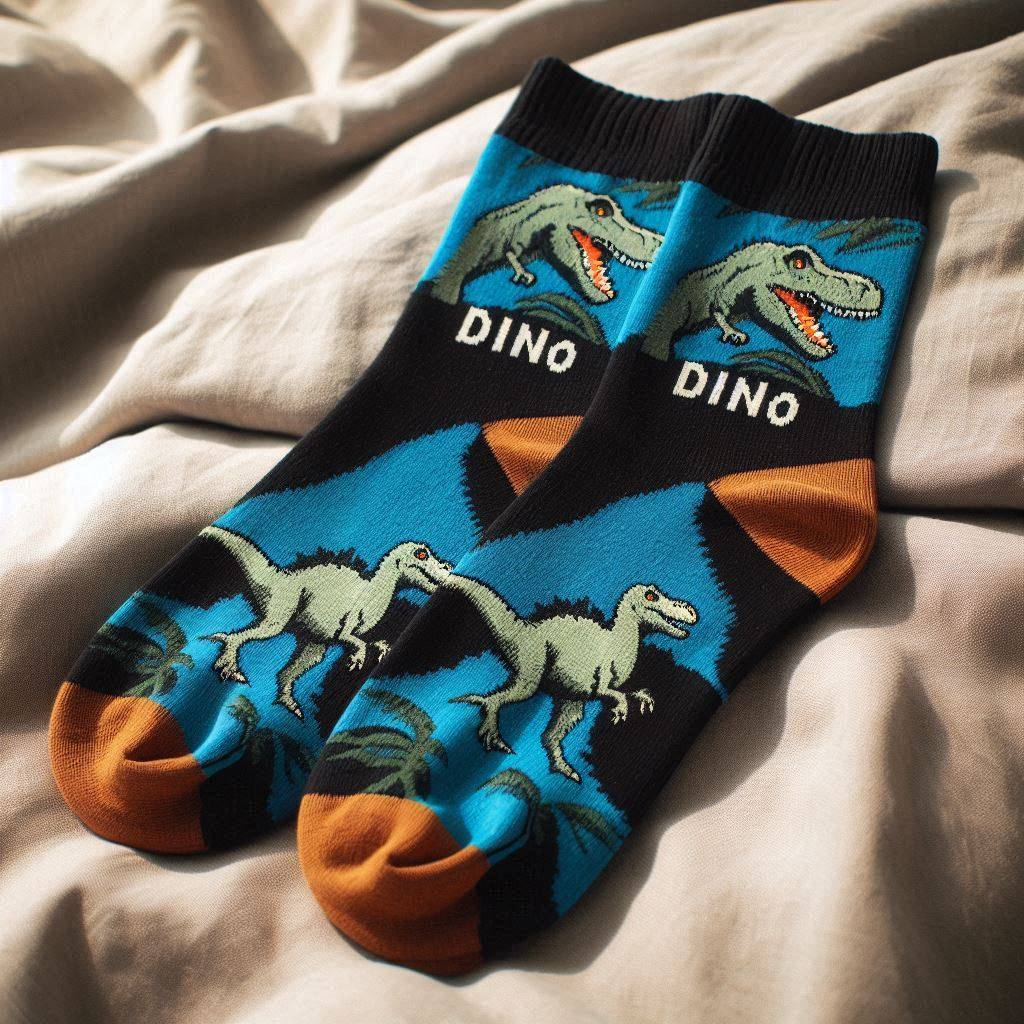 A pair of blue custom socks with pictures of dinosaurs on them. They are manufactured by EverLighten.