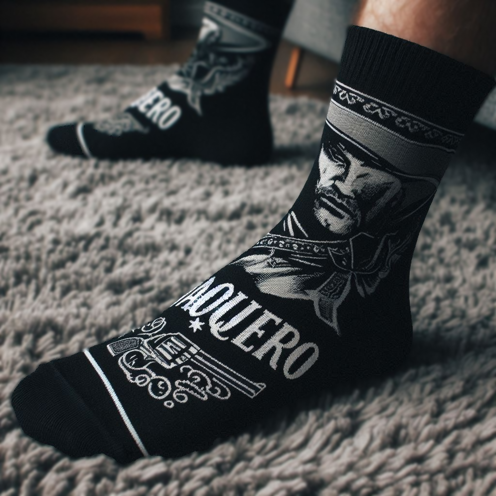 A person wearing black custom socks with the text and image in white. It is manufactured by EverLighten.