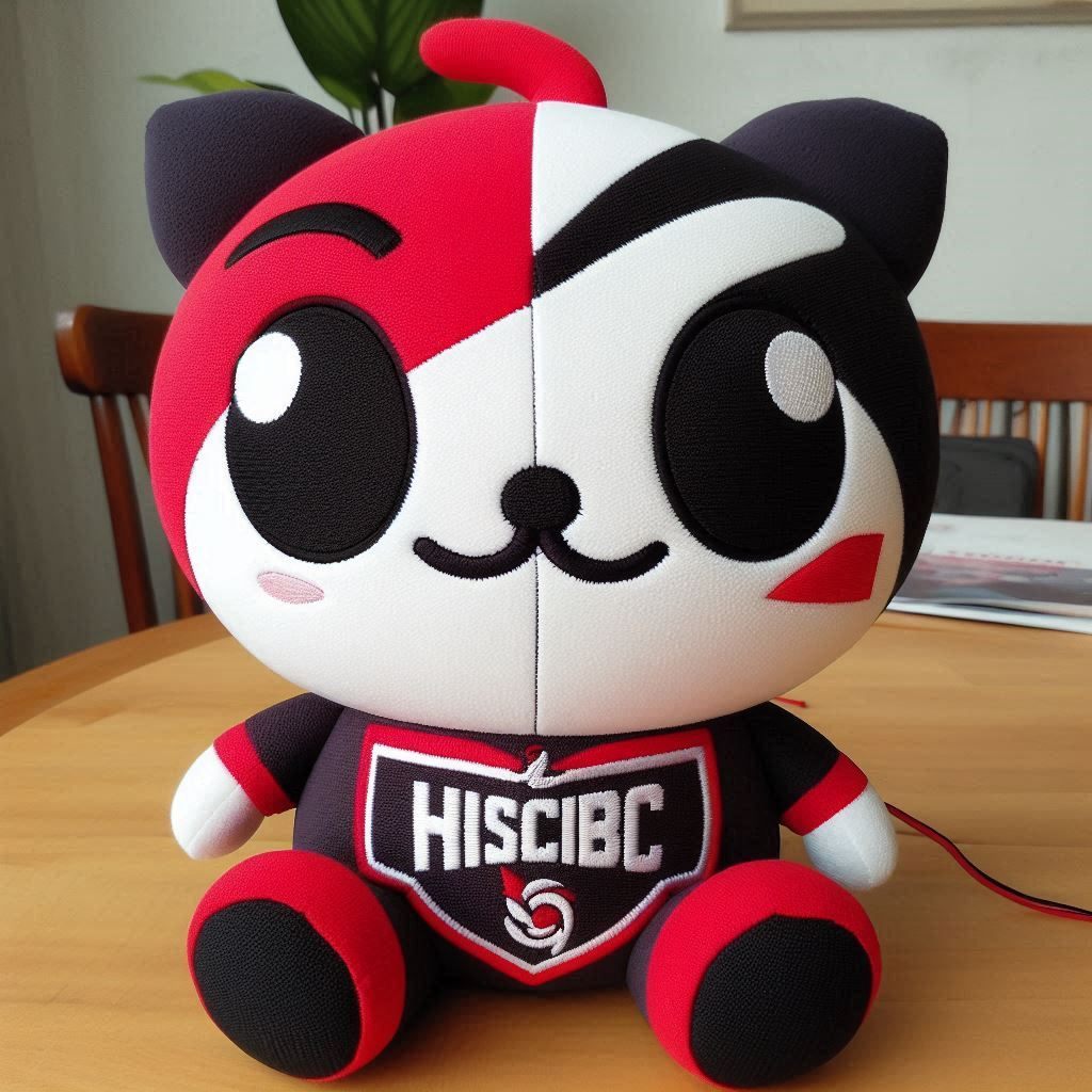 A red, white, and black custom stuffed toy with the company's logo is sitting on a table.