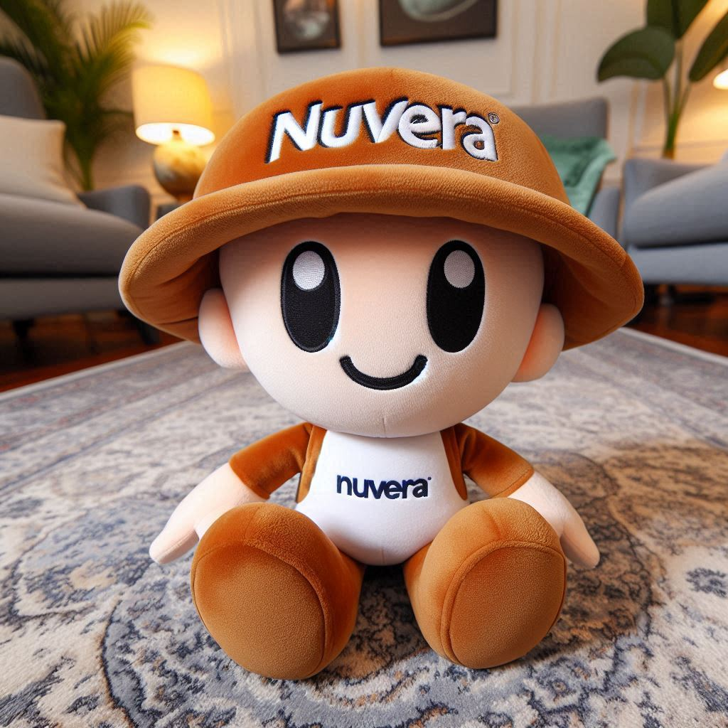 A custom plush toy with brown and white colors and the company's logo on its shirt and hat is sitting on a carpet.