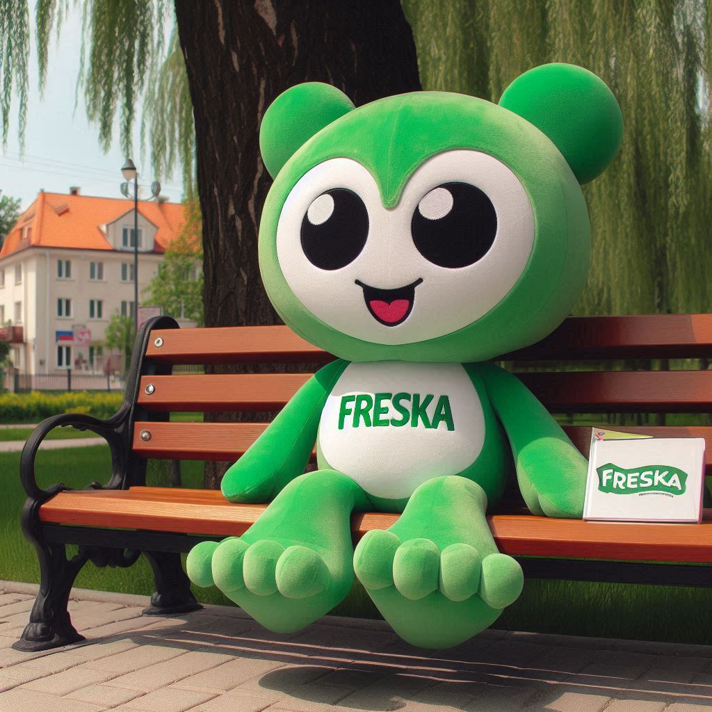 A large custom plush toy in green and white colors with the company's logo is sitting on a park bench.