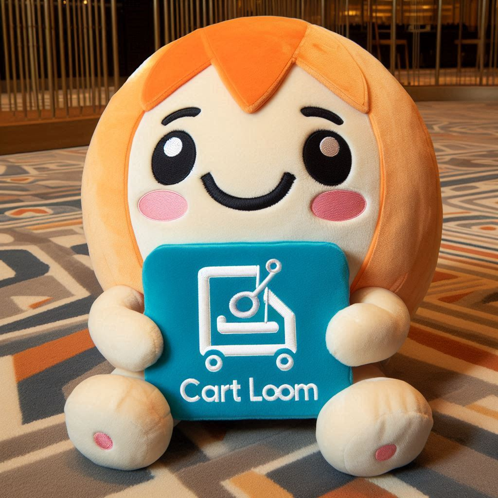 A cute and small custom plush toy holding the company's logo on a placard is sitting on the floor.