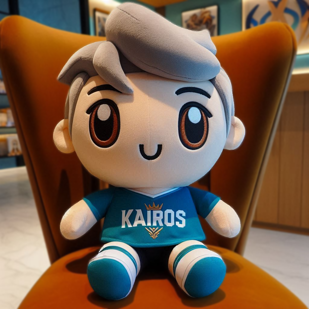 A custom stuffed mascot for a company is sitting on a chair.