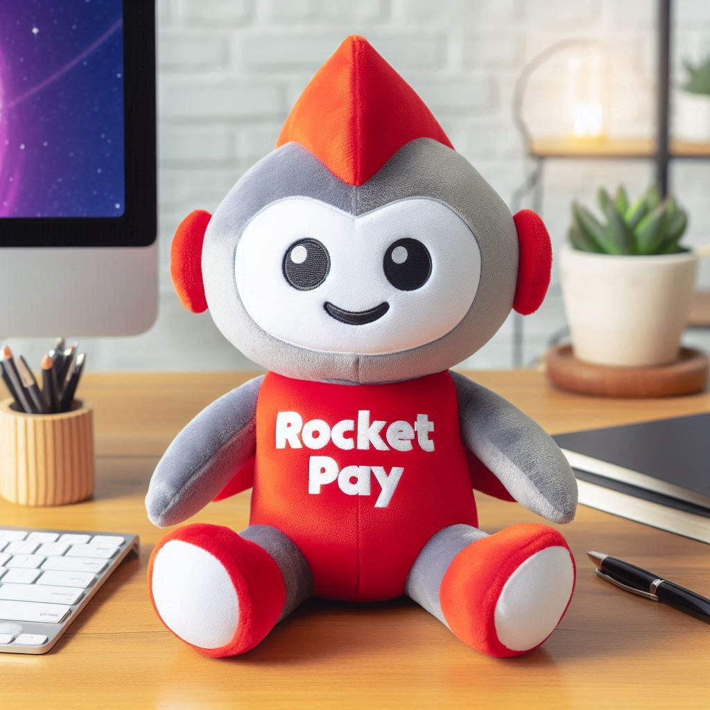 A futuristic-looking custom plush mascot for a company is sitting on a table.