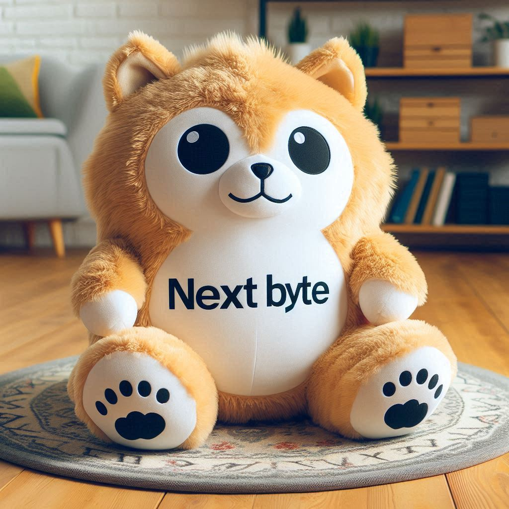 A cute yellow and white custom stuffed animal with the company's logo is sitting on the floor.