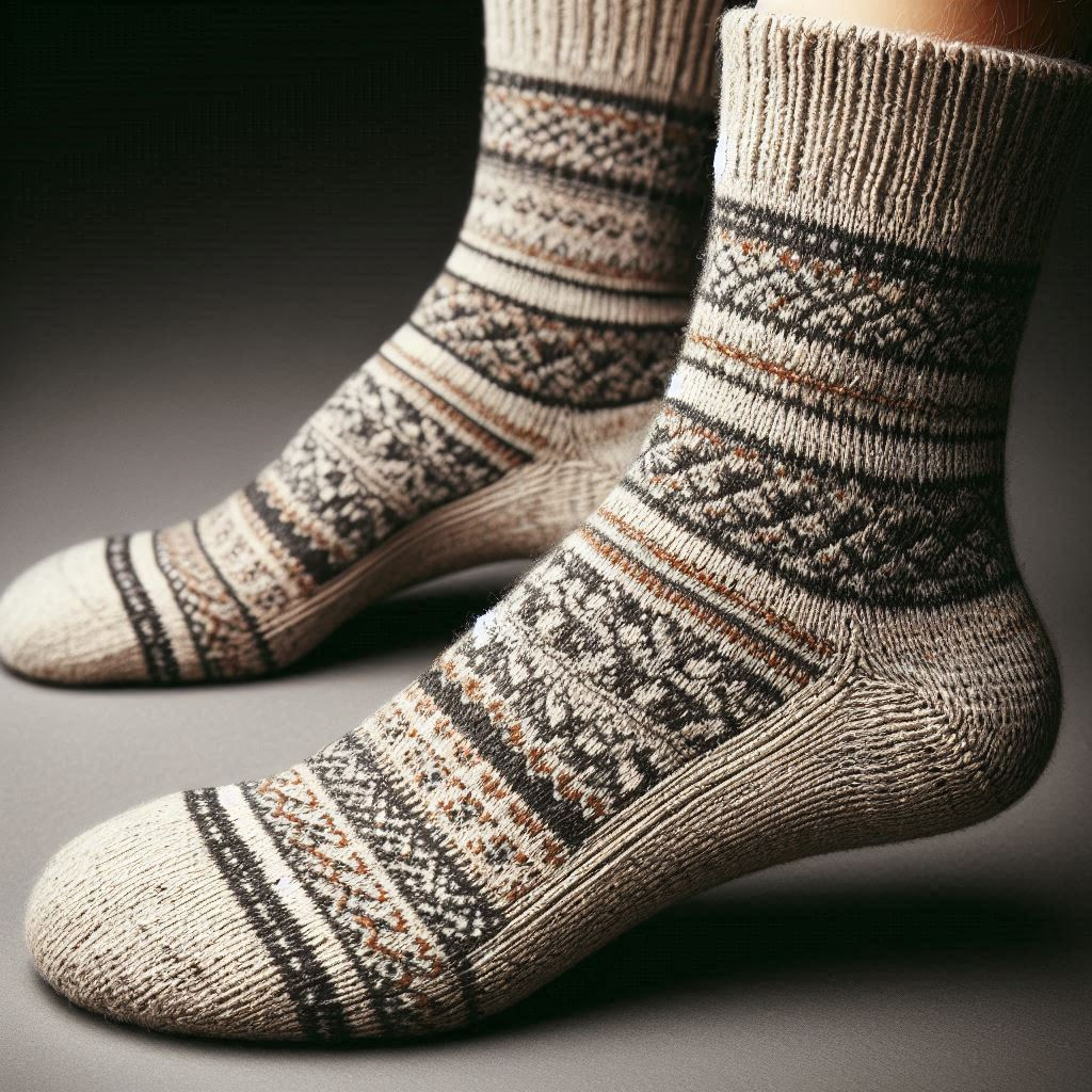 A person wearing thick custom athletic socks.