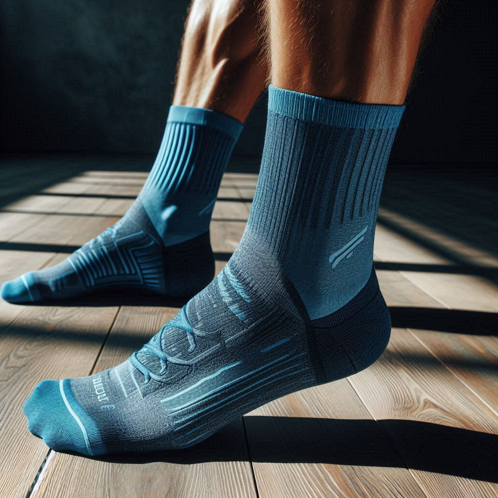 A person wearing blue performance custom socks.