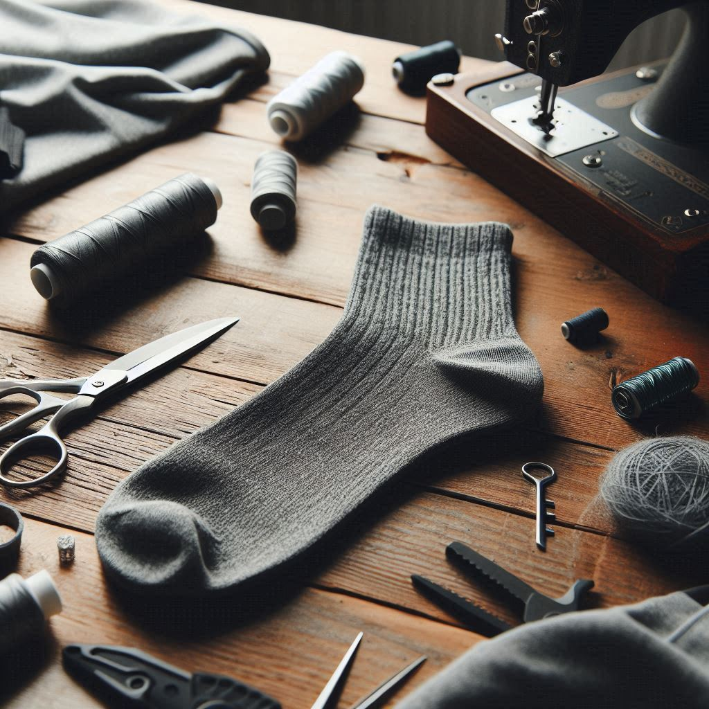 A gray athletic custom sock on a table along with its manufacturing equipment.