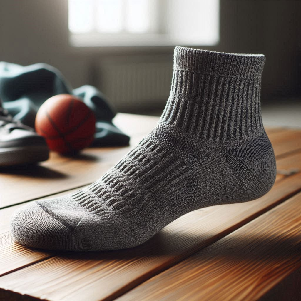 A gray custom athletic sock on a table.