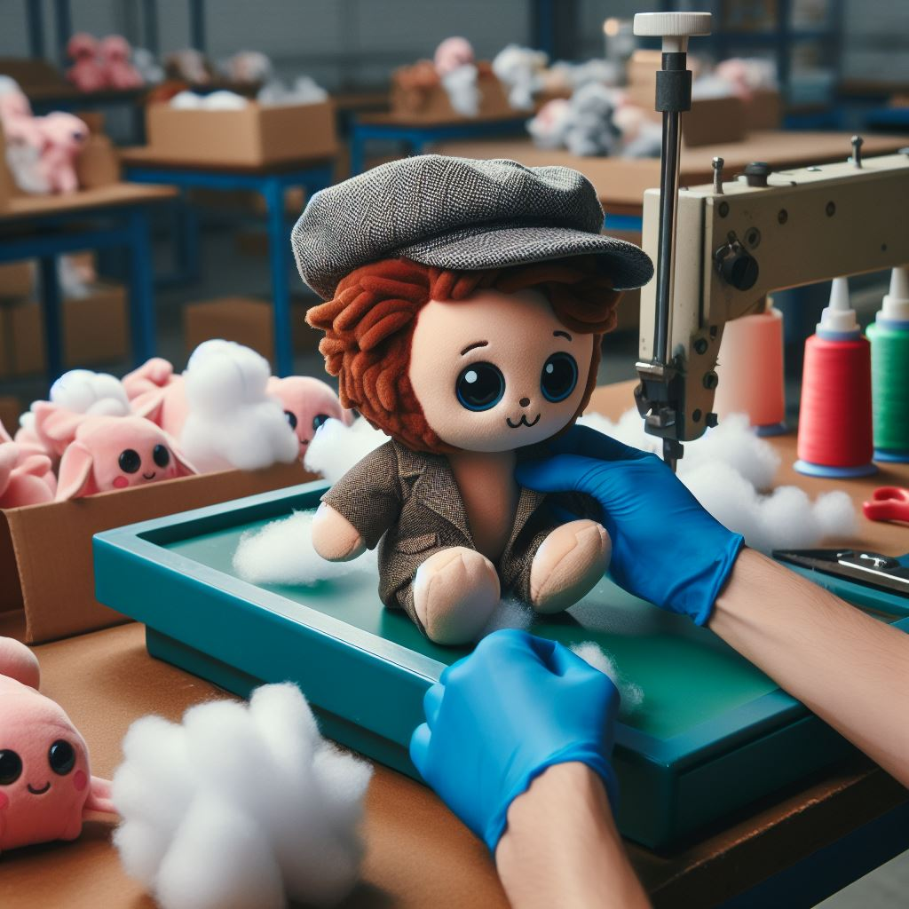 A person is checking a custom plush toy on a factory table.