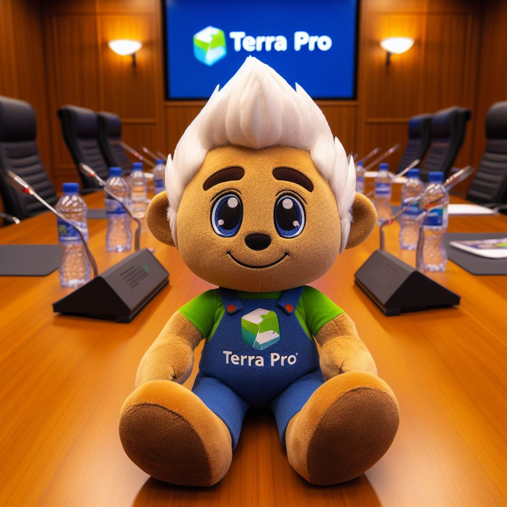 A custom plush toy with the company's logo is on a conference table.