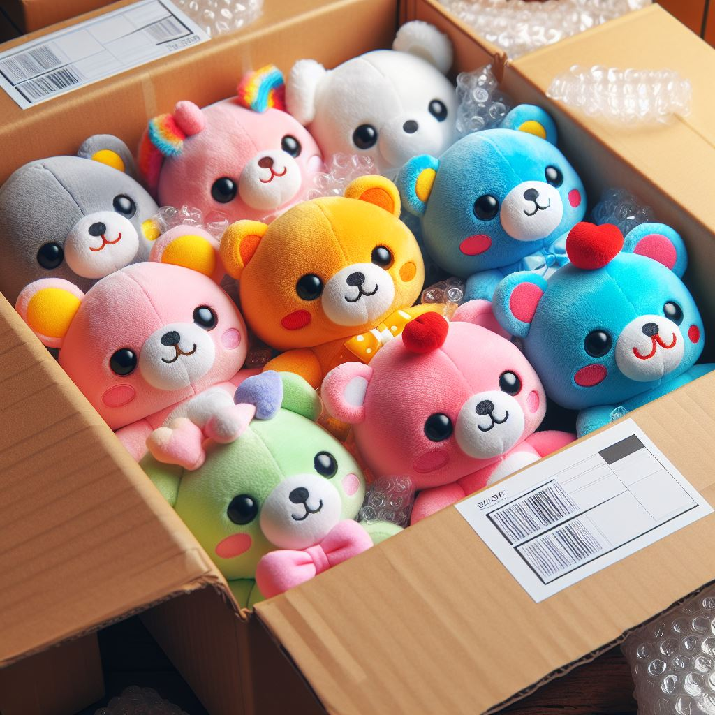 Various colorful custom plush toys are in a box ready to be shipped.