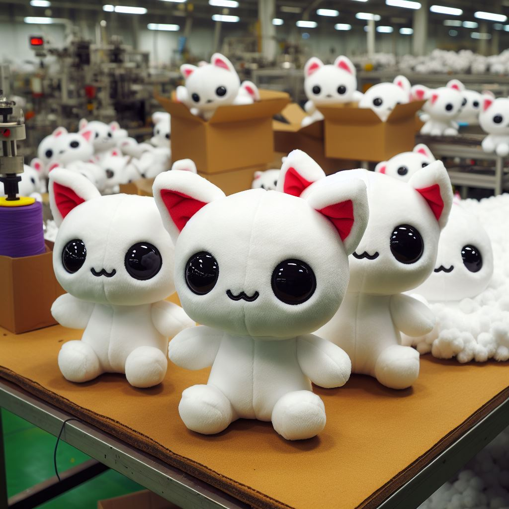 Custom plush toys are on a factory table.