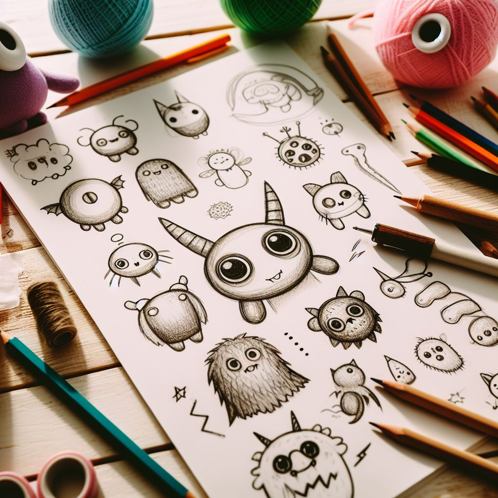 Sketches of a custom plush toy are on a table.