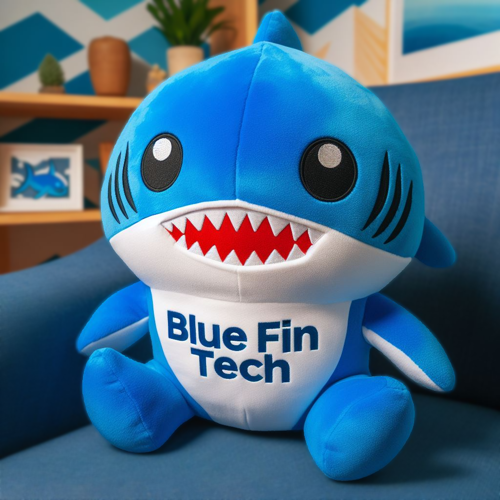 A custom plush toy with the company's logo is on a chair.
