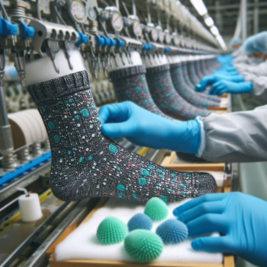 Custom socks are in a factory. They are being treated for anti-microbial properties.
