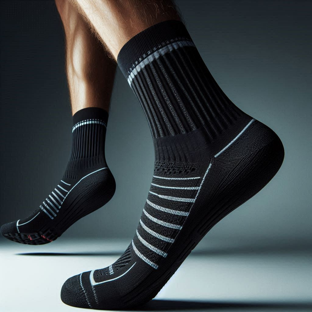 A person wearing black custom socks with reflective materials. They glow when light hits them.
