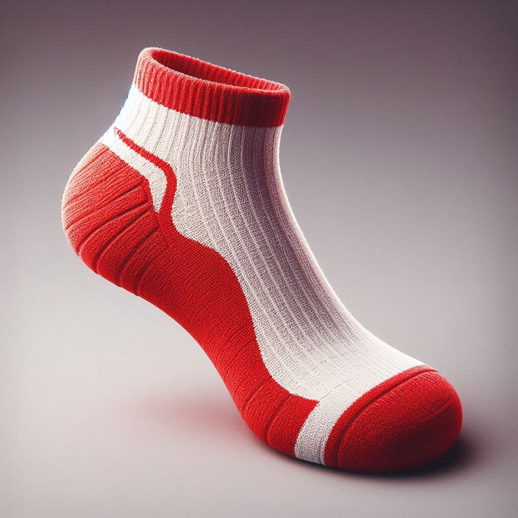 A red and white custom sock with extra cushioning and padding at the heel and toes.