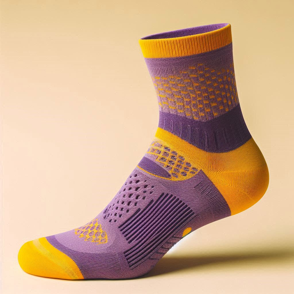 A yellow and purple custom sock with arch support.