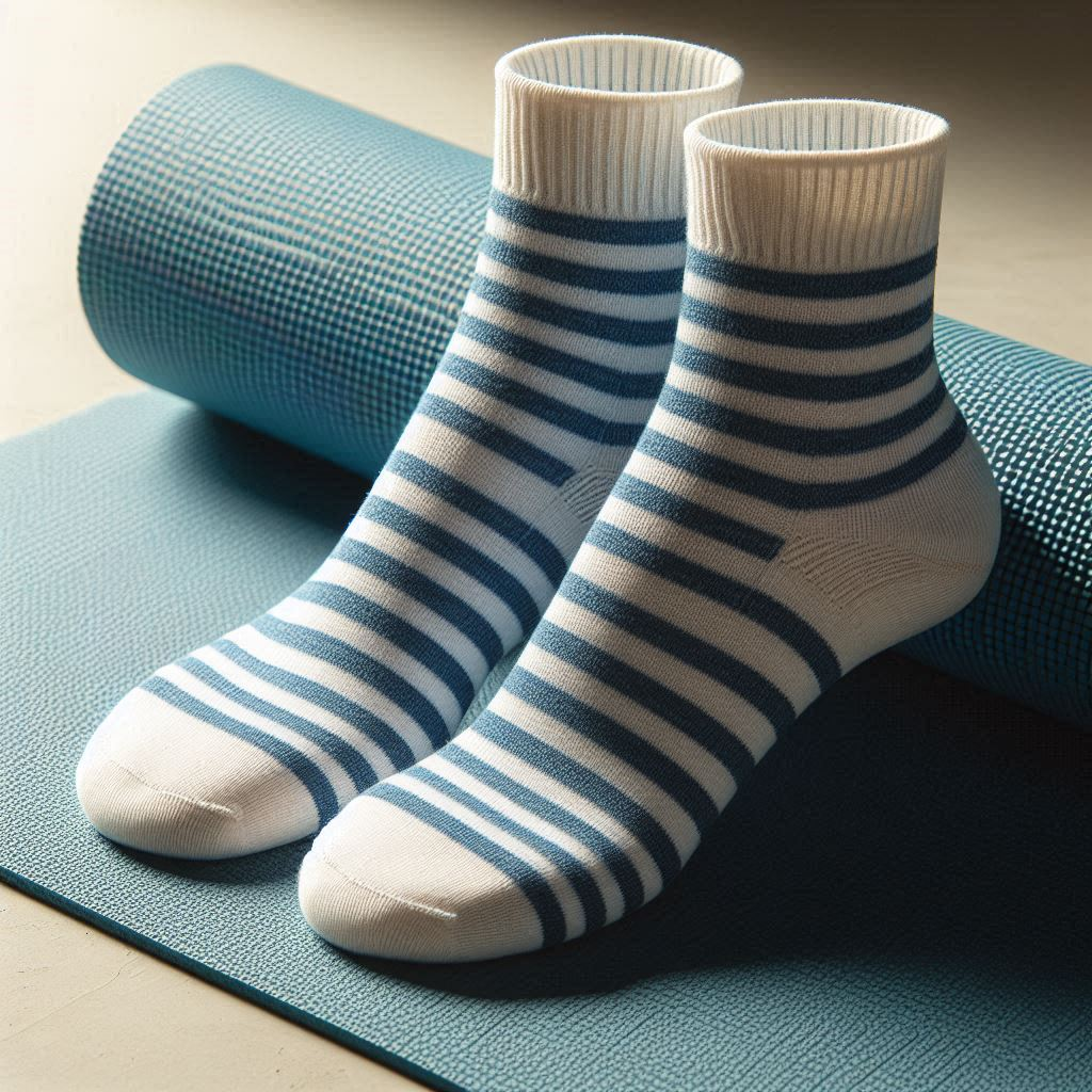 White custom socks with blue stripes.