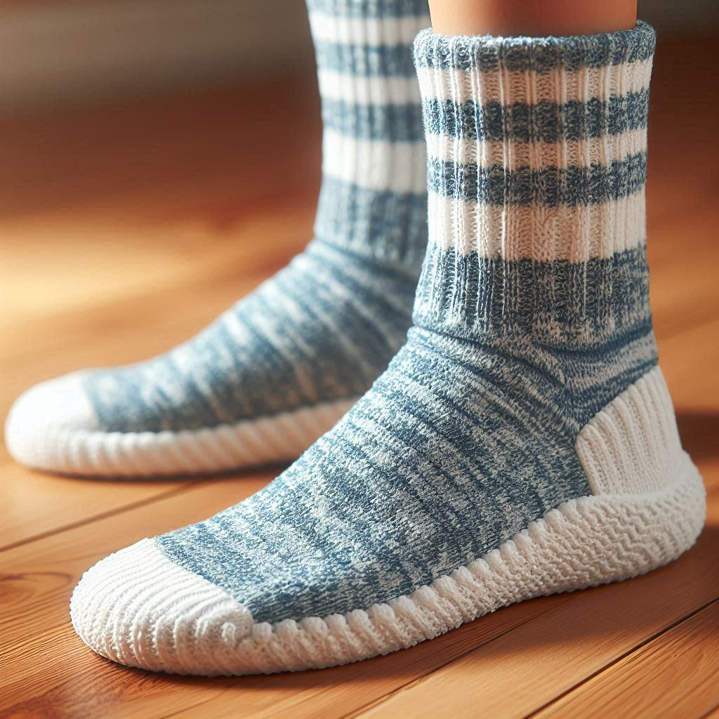 A blue and white custom sock with anti-slip soles.
