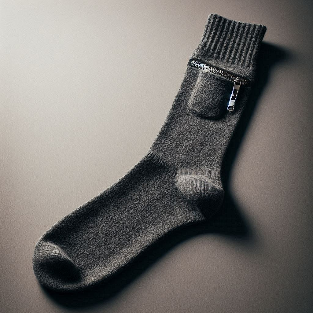 A gray custom sock with a hidden pocket.