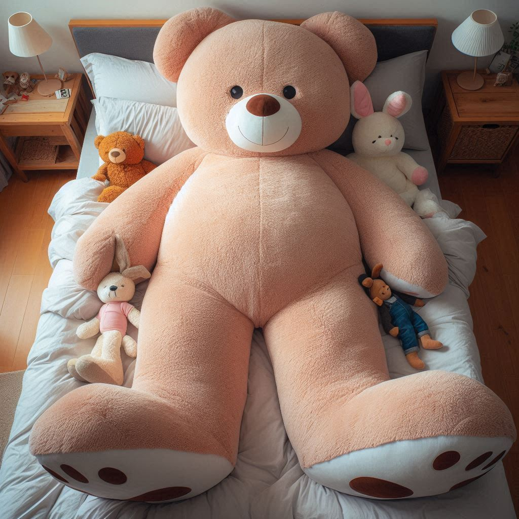 A big weighted custom plush toy bear is on a bed.