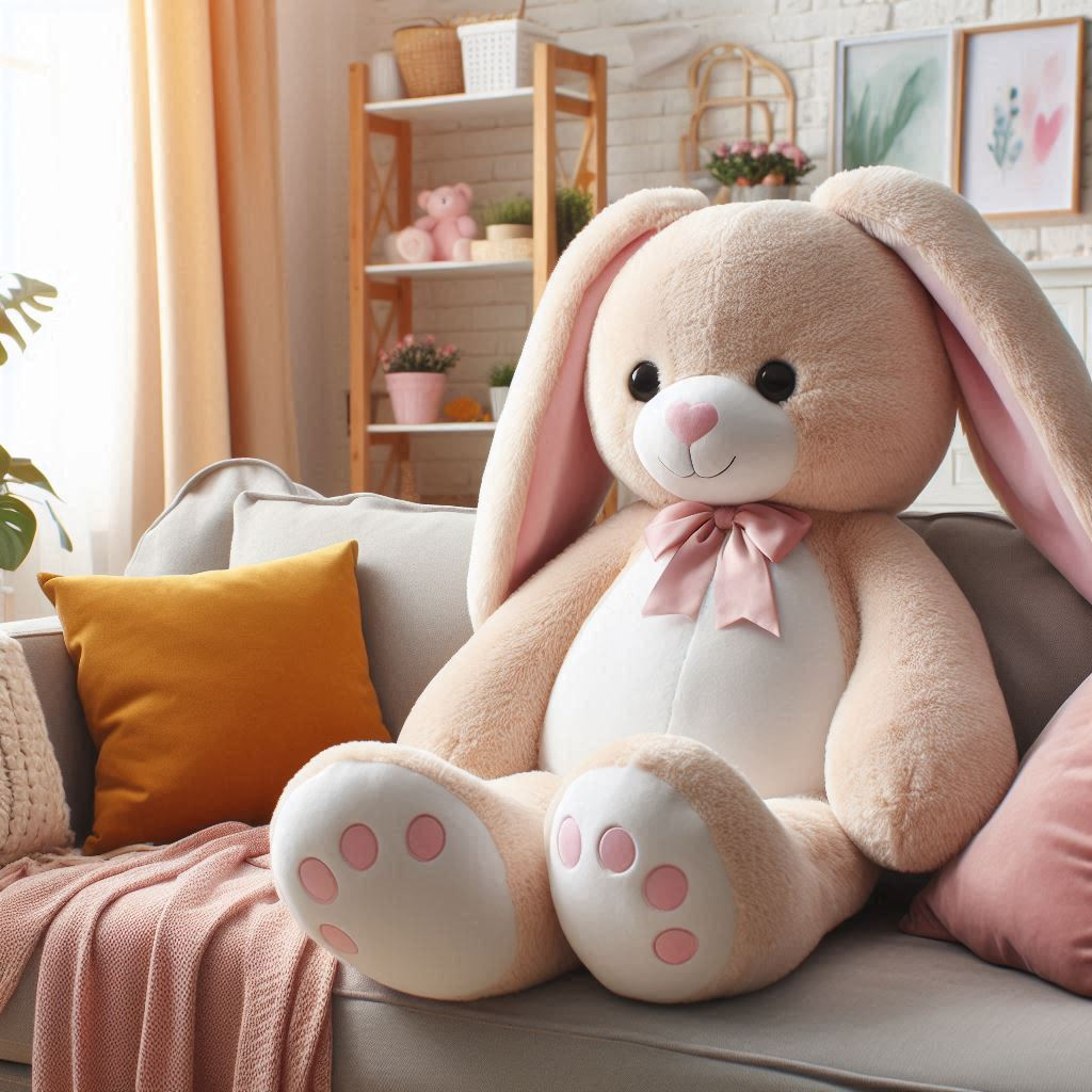 A weighted custom plush toy bunny is on a sofa.
