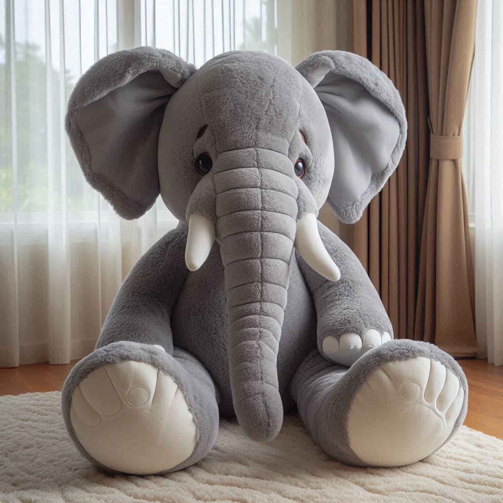 A weighted custom plush toy elephant is on the floor.
