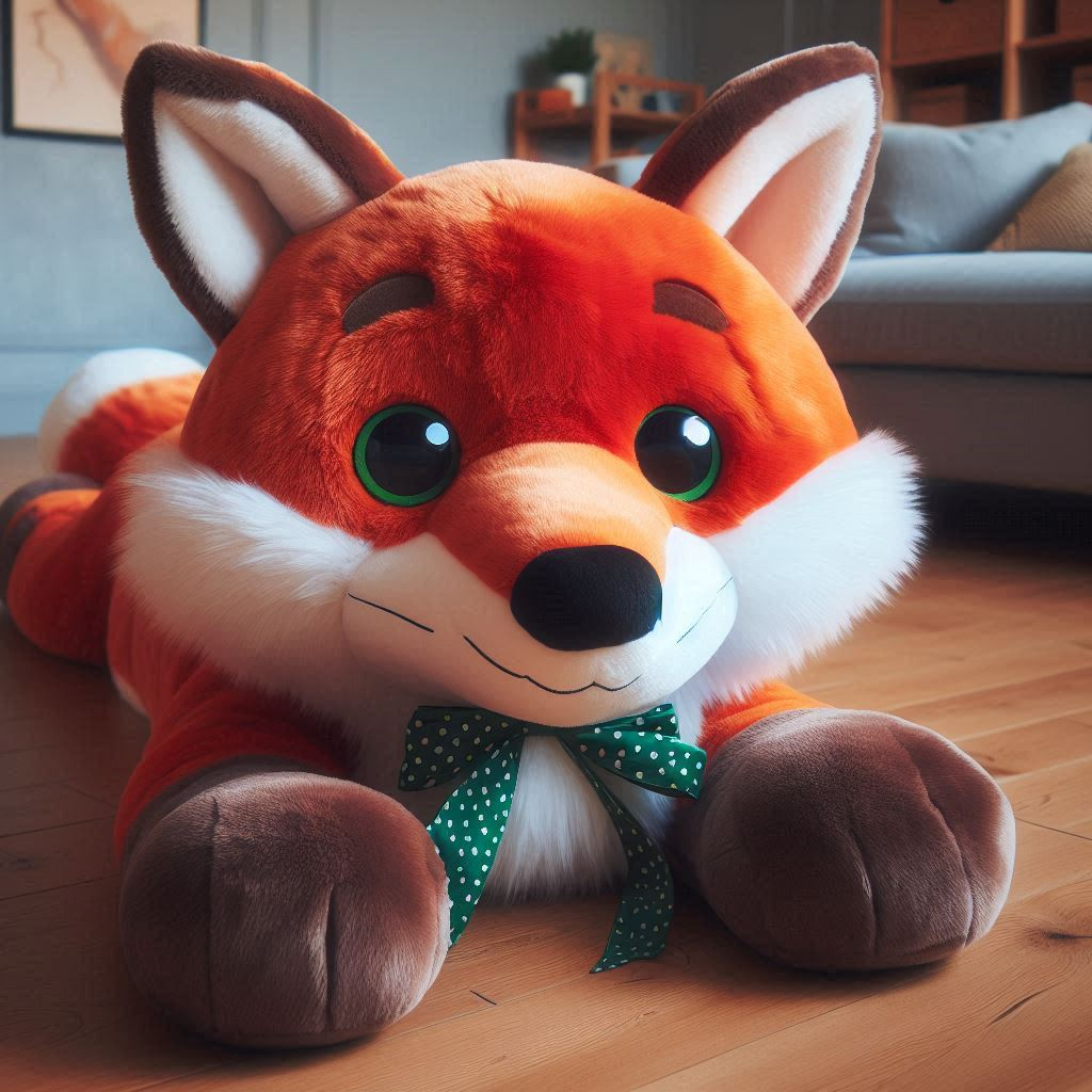 A weighted custom plush toy fox is lying on the floor.