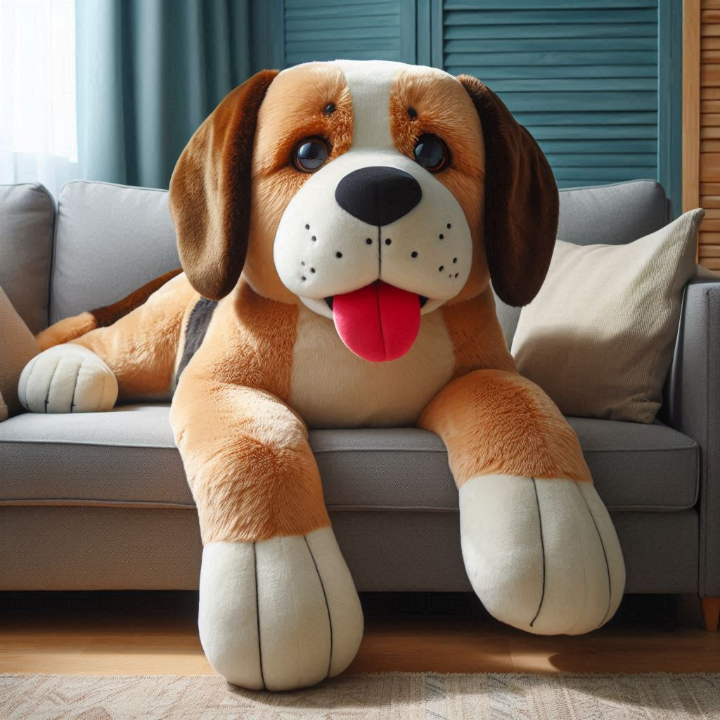 A weighted custom plush toy dog is on a sofa.